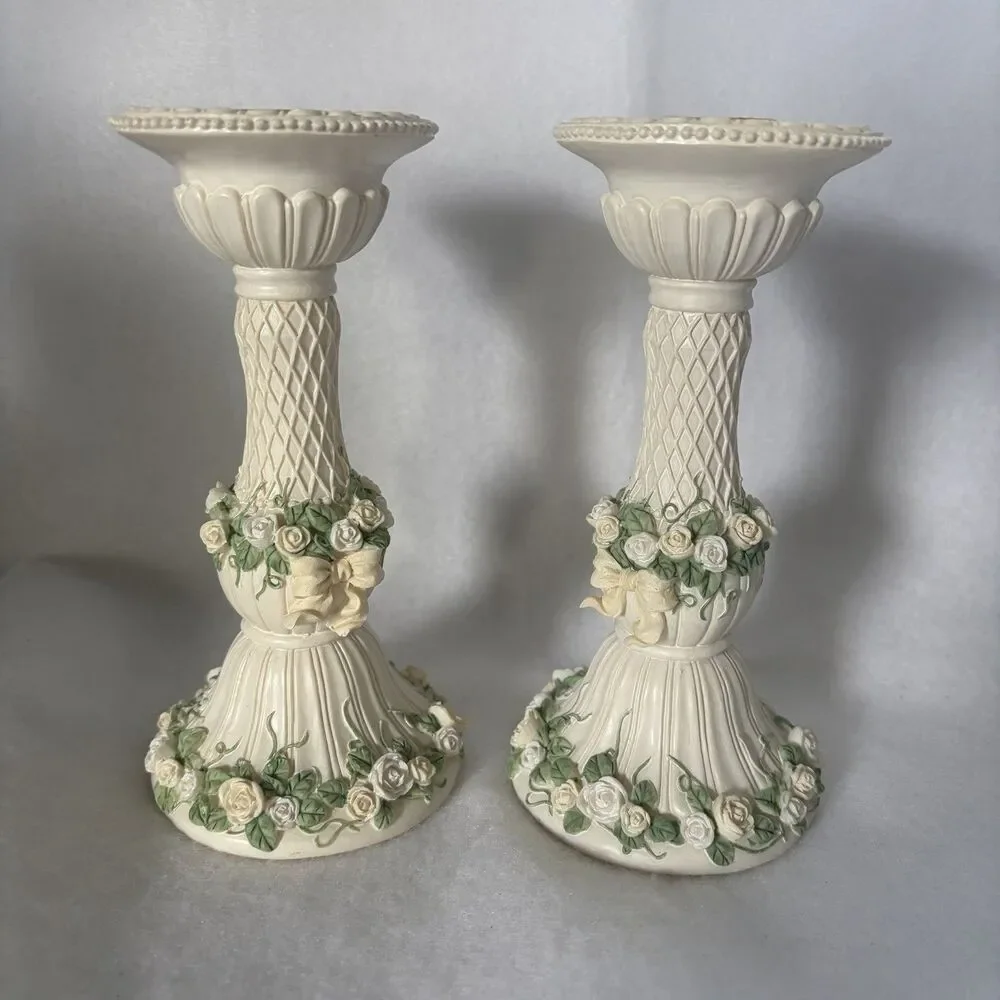 Lillian Rose Candle Holders Floral Rose Garden Hand Painted  Pair